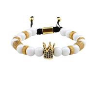 Yuki Sunny Men's Natural Stone Crown Braided Bracelet, Adjustable Beaded Bracelet with Gold Crown Charm, Tiger Eye and Blue Stone Options, Adjustable, Natural Stone, Onyx, Cubic Zirconia, Brass, Nylon