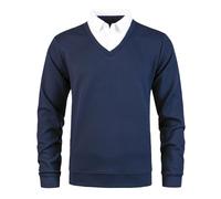 Yukirtiq Men's Basic V-Neck Jumpers with Mock Shirt Collar Knitwear Casual Pullover Long Sleeve Knitted Sweater Jumper, Blue+White, XXL