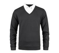 Yukirtiq Men's Basic V-Neck Jumpers with Mock Shirt Collar Knitwear Casual Pullover Long Sleeve Knitted Sweater Jumper, Black+White, L
