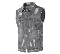 Yukirtiq Mens Denim Vest Jacket Ripped Vintage Biker Waistcoat Cowboy Sleeveless Vest Motorcycle Denim Jacket Jean Gilets Trucker Vest, Grey, XXL