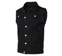 Yukirtiq Mens Denim Vest Jacket Ripped Vintage Biker Waistcoat Cowboy Sleeveless Vest Motorcycle Denim Jacket Jean Gilets Trucker Vest, Black, XL