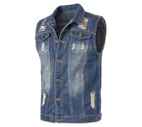 Yukirtiq Mens Denim Vest Jacket Ripped Vintage Biker Waistcoat Cowboy Sleeveless Vest Motorcycle Denim Jacket Jean Gilets Trucker Vest, Blue, M