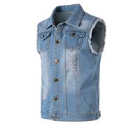 Yukirtiq Mens Denim Vest Jacket Ripped Vintage Biker Waistcoat Cowboy Sleeveless Vest Motorcycle Denim Jacket Jean Gilets Trucker Vest, Light Blue, M