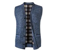 Yukirtiq Men's Fleece Lined Gilet V-Neck Sleeveless Cardigans Gentleman Bodywarmer Waistcoat Knitted Sweater Vest Tank Tops with Buttons, Blue, XL