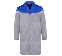 Yukirtiq Mens Warehouse Work Coat Scrubs Overall Factory Dust Coats Garage Work Jacket Smock Paint Over Coat, Grey+Blue, L