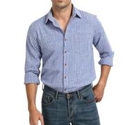 Yukiuiny Men's Classic Plaid Shirts in 100% Cotton, Long Sleeve Checkered Shirts for All Seasons-Small Blue White Check/XL