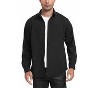 Yukiuiny Men's Shirts in 100% Cotton, Long Sleeve Shirts for All Seasons-Pure Black/L