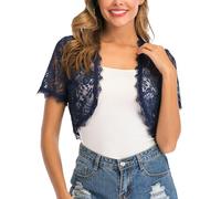 Yukiuiny Women’s Elegant Short Sleeve Lace Shrug - Crochet Bolero Cardigan for Spring Summer Weddings,Navy Blue/S