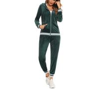 Yukiuiny Women Velour Tracksuit Set Zip Up and Drawstring Waist- Soft Velvet Pyjama Set, Hoodie and Joggers, Sportswear, Sweatsuit-Deep Green/M