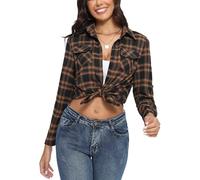 Yukiuiny Women's Flannel Plaid Shirt,Long Sleeve 100% Cotton Blouse,Button Down Casual Check Shirts Basic Tops-OrangeBrownBlack/L