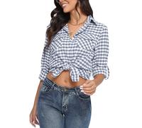 Yukiuiny Women's Flannel Plaid Shirt,Long Sleeve 100% Cotton Blouse,Button Down Casual Check Shirts Basic Tops-White+Light Blue/L