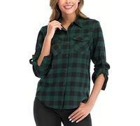 Yukiuiny Women's Flannel Plaid Shirt,Long Sleeve 100% Cotton Blouse,Button Down Casual Check Shirts Basic Tops-Dark Green,L