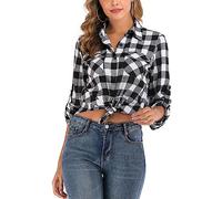 Yukiuiny Women's Flannel Plaid Shirt,Long Sleeve 100% Cotton Blouse,Button Down Casual Check Shirts Basic Tops-Black White,L