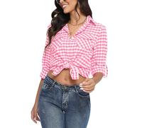 Yukiuiny Women's Flannel Plaid Shirt,Long Sleeve 100% Cotton Blouse,Button Down Casual Check Shirts Basic Tops-Peach Pink White(Thinner Fabric)/L