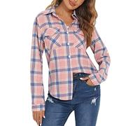 Yukiuiny Women's Flannel Plaid Shirt,Long Sleeve 100% Cotton Blouse,Button Down Casual Check Shirts Basic Tops-Pink Blue,L