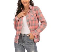 Yukiuiny Women's Flannel Plaid Shirt,Long Sleeve 100% Cotton Blouse,Button Down Casual Check Shirts Basic Tops-Pink,L