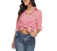 Yukiuiny Women's Flannel Plaid Shirt,Long Sleeve 100% Cotton Blouse,Button Down Casual Check Shirts Basic Tops-Watermelon Red/XL