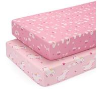 Yukkidds Travel Cot Sheets 95x65 cm Fitted 2 Pack Travel Cot Mattress Cover | Soft Breathable Microfiber, Compatible with Chicco, Hauck Travel Cots Sheet, 360° Snug Fit Elastic Edges, Pink Unicorn