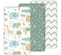 Yukkidds Travel Cot Sheets 95x65cm Fitted, 3 Pack Soft & Breathable Microfiber Baby Cot Mattress Sheets Bedding Green Lion
