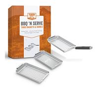 Yukon Glory™ BBQ 'N SERVE Grill Basket Set - Includes 3 Grilling Baskets & Clip-on Handle - Revolutionary Patent Pending Grill to Table Design Perfect Grill Pan For Grilling Fish Veggies & Meats