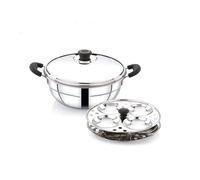Yuktha Eternals 15 liter Stainless Steel Multi Purpose Kadai with Steel Lid, Idli Maker 2 Idli Plate 8 Cavity Idli Cooker Stainless Steel Idly Pot with Steamer