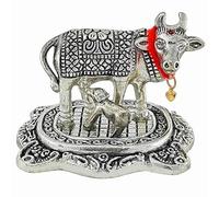 Yuktha Eternals Silver Kamdhenu Cow and Calf Statue | Sacred Hindu Symbol of Prosperity & Abundance | Handcrafted Decorative Showpiece for Home & Office