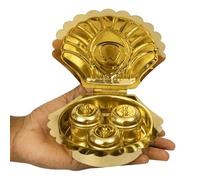 Yuktha Eternals Traditional Handcrafted Brass Haldi kumkum Chandhan Holder Stand Plate with Lid Bowl for Pooja | Puja Worship - 3 Bowl Peacock Shell