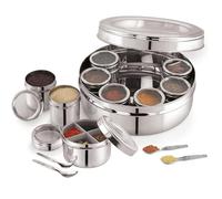 Yuktha Rasa Kraft Stainless Steel 12 in 1 Masala Box, Spice Container with See Through Lids, 4 Spoons, Silver, 2.5 Litre, 22.5cm