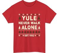 Yule Never Walk Alone Christmas T-Shirt | Festive Trees and Snowflakes with Holiday Lettering | Funny Xmas Parody Gift Idea for Seasonal Laughs | Cheerful Christmas Spirit Design Tee Top Red