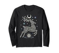 Yule Winter Deer with Antler Moon and Sun Pagan Christmas Long Sleeve T-Shirt