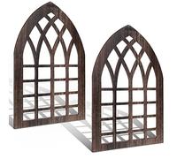 Yulejo 2 Pcs Rustic Window Frame Wall Decor Wooden Farmhouse Wall Decor 15.6'' x 11'' Arched Cathedral Window Home Decor Fake Window Pane Vintage Wall Art for Entryway Living Room Bedroom (Dark Brown)