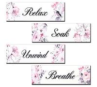 Yulejo 4 Pieces Pink Relax Soak Unwind Breathe Bathroom Wall Decor Elegant Spring Pink Butterfly Wooden Hanging Decor Wall Art Rustic Bathroom Accessories for Girls Home