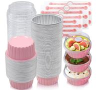 YuleNova 100 Set Cake Tins with Lids Spoons and Stickers, 150ml Round Aluminum Foil Baking Pans Small Loaf Tins Cups Tart Pie Containers for Cupcake Muffins Desserts, Pink