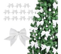YuleNova 12PCS Christmas Bows for Tree Wreath Decorations, 5 Inch Glitter Christmas Wreath Bow Sequin Bow, White Bows