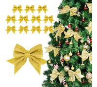YuleNova 12PCS Christmas Bows for Tree Wreath Decorations, 5 Inch Glitter Christmas Wreath Bow Sequin Bow, Gold Bows