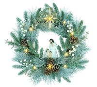 YULETIME 20" Pre-Lit Nativity Wreath, Battery Operated with 10 Fairy Lights, Holy Family Nativity Statue, Star of Bethlehem, Pine Cones, White Mistletoe, Frosted Spruce Branches (Nativity Frosted)