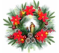 YULETIME 20" Pre-Lit Nativity Wreath, Battery Operated with 10 Fairy Lights, Holy Family Nativity Statue, Star of Bethlehem, Pine Cones, Red Poinsettia & Berries, Pine Needles (Nativity Poinsettia)