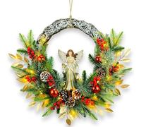 YULETIME 24" Angel Christmas Wreath, Artificial Holiday Wreath with Resin Angel Statue, Natural Rattan Ring & Pine Cones, Golden Leaves, Red Baubles, Spruce Branches, Snowy Pine Needles
