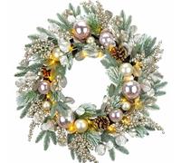 YULETIME 24" Christmas Wreath, Artificial Holiday Wreath with Baubles, Berries, Leaves, Spruce Branches, Snowy Pine Needles (Pink Bauble) (Sold in Europe without Lights)