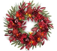 YULETIME 24" Christmas Wreath, Artificial Holiday Wreath with Baubles, Berries, Leaves, Spruce Branches, Snowy Pine Needles (Red Hydrangea)