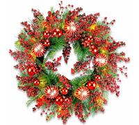 YULETIME 24" Christmas Wreath, Artificial Holiday Wreath with Baubles, Berries, Leaves, Spruce Branches, Snowy Pine Needles (Red Berries) (No lights)