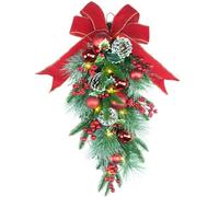 YULETIME 24" Pre-lit Decorative Teardrop Swag, Battery Operated Christmas Swag with Fairy Lights, Red Bowknot & Baubles, Pine Cones, Red Berries, Green Leaves Holly, Spruce Branches, Pine Needles