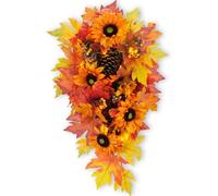 YULETIME 24" Pre-lit Fall Teardrop Swag, Maple Leaf Sunflower 20 LED Lights | Autumn Theme Swag, Sunflower, Pine Cones, Maple Leaves, Orange & Purple Berries, Battery Operated