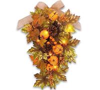 YULETIME 24" Pre-lit Fall Teardrop Swag, Pumpkin Maple Leaf 20 Fairy Light