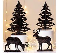 YULETIME 4-Piece Metal Christmas Reindeer and Tree Scene Silhouette Set, Winter Forest Deer & Spruce Landscape Holiday Tabletop Ornament
