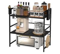 yulewiix Microwave Shelf, Expandable Carbon Steel Microwave Oven Rack, Width 40-63cm 2 Tier Microwave Shelf with Cutter Holder and Chopping Board Stand for Kitchen Counter Black