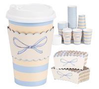 YULLOT 50 Pack 16oz Blue Bow Disposable Coffee Cups with Lids & Sleeves - Premium Paper for Mother's Day,Baby Shower,Birthday,Wedding,Brunch, Cafés,Party Supplies