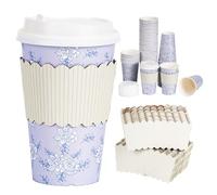 YULLOT 50 Pack 16oz Vintage Purple Floral Disposable Coffee Cups with Lids & Sleeves - Premium Paper for Mother's Day, Wedding, Birthday, Brunch, Cafés,Party Supplies