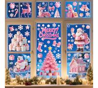 YULOONG 118 PCS Pink Christmas Decorations Window Clings Santa Claus Xmas Tree Snowflake Snowman Deer Double Side Decals Ornament Display Window Wall Door Decor Reusable DIY Static Stickers