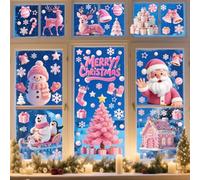 YULOONG 121 PCS Pink Christmas Decorations Window Clings Santa Claus Xmas Tree Snowflake Snowman Deer Double Side Decals Ornament Display Window Wall Door Decor Reusable DIY Static Stickers